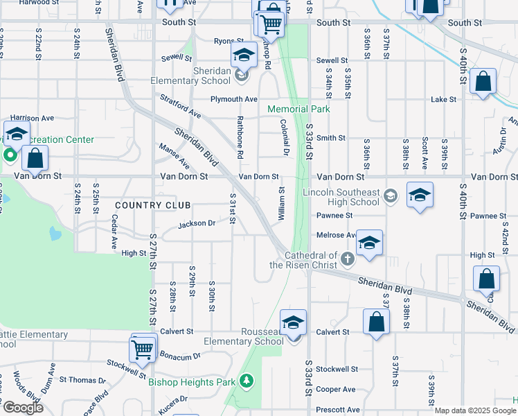 map of restaurants, bars, coffee shops, grocery stores, and more near Sheridan Boulevard in Lincoln