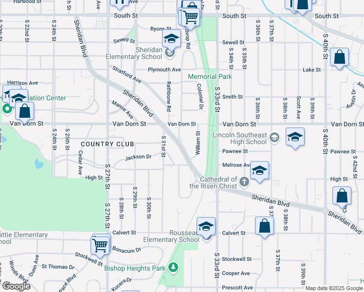 map of restaurants, bars, coffee shops, grocery stores, and more near Sheridan Boulevard in Lincoln