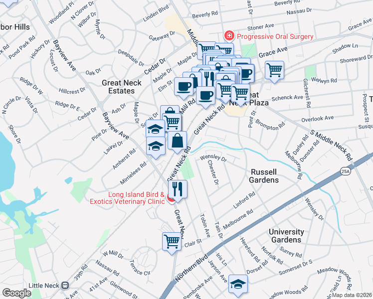 map of restaurants, bars, coffee shops, grocery stores, and more near 171 Great Neck Road in Great Neck