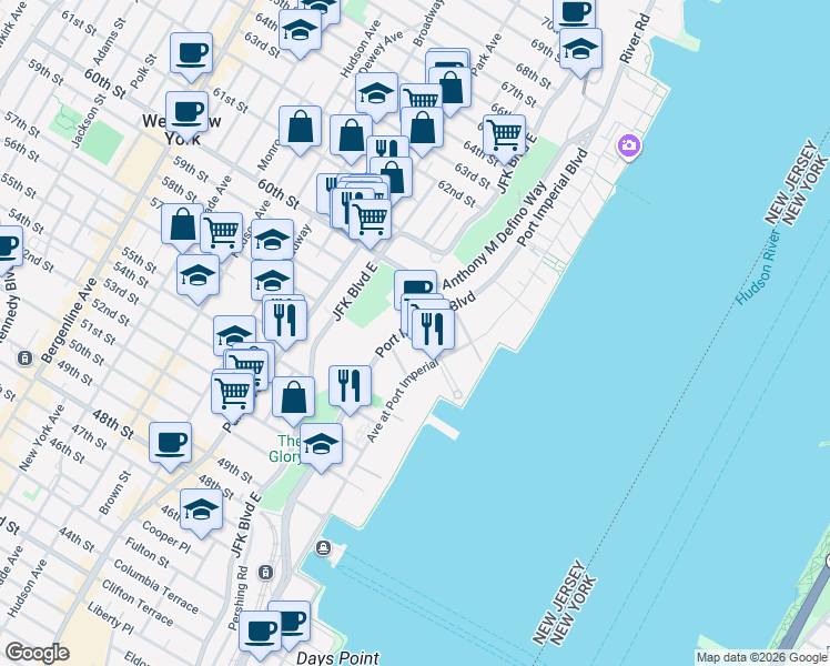 map of restaurants, bars, coffee shops, grocery stores, and more near 55-1 Riverwalk Place in West New York