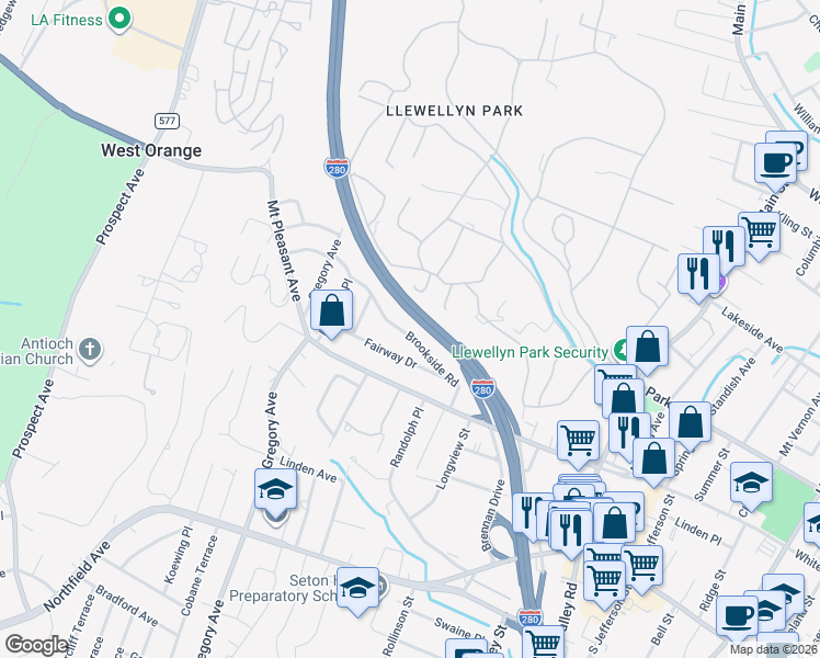 map of restaurants, bars, coffee shops, grocery stores, and more near 52 Wildwood Avenue in West Orange