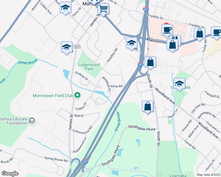 map of restaurants, bars, coffee shops, grocery stores, and more near 1 Rona Road in Morristown