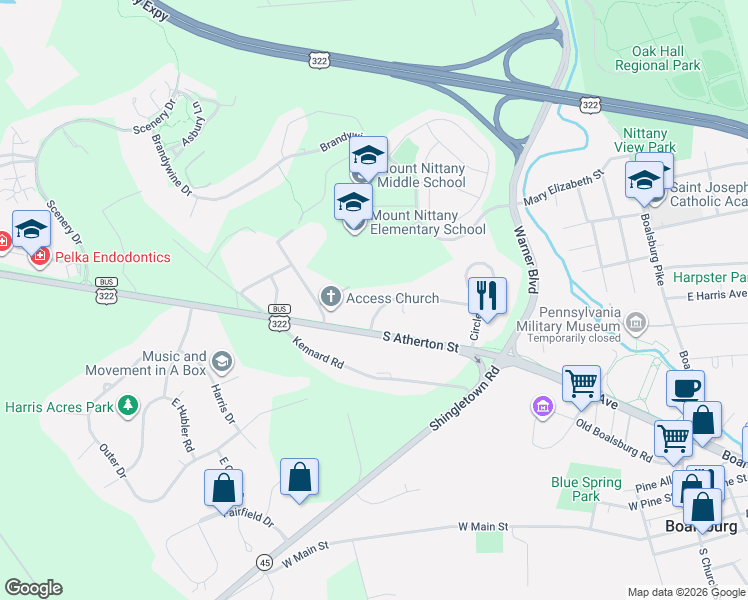 map of restaurants, bars, coffee shops, grocery stores, and more near 500-698 Beaumont Dr in State College