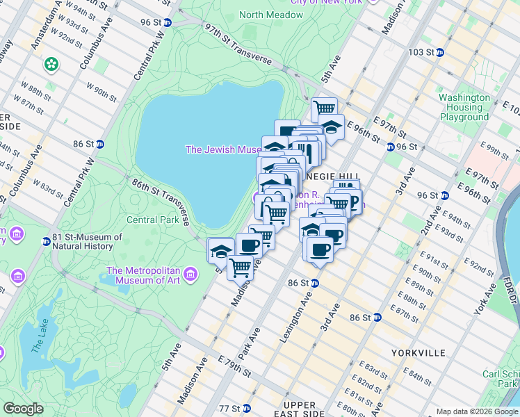 map of restaurants, bars, coffee shops, grocery stores, and more near 1071 5th Avenue in New York