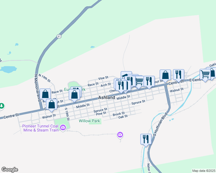 map of restaurants, bars, coffee shops, grocery stores, and more near 1115 Market Street in Ashland