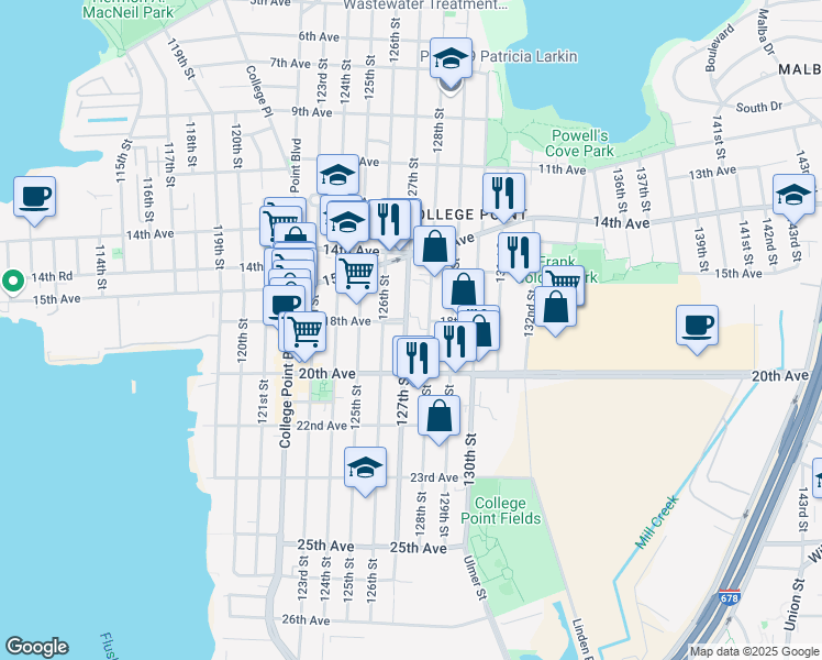 map of restaurants, bars, coffee shops, grocery stores, and more near 15-40A 128th Street in Queens