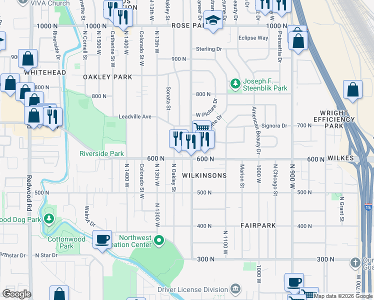 map of restaurants, bars, coffee shops, grocery stores, and more near 615 North 1200 West in Salt Lake City