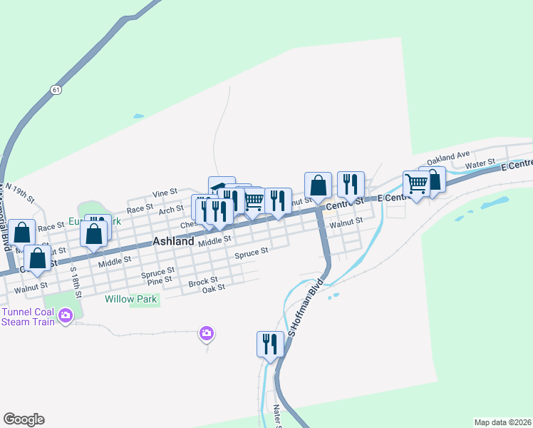 map of restaurants, bars, coffee shops, grocery stores, and more near 515 Centre Street in Ashland