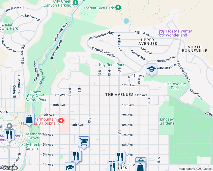 map of restaurants, bars, coffee shops, grocery stores, and more near 532 East 12th Avenue in Salt Lake City