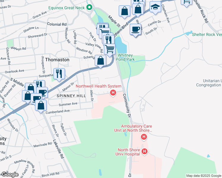 map of restaurants, bars, coffee shops, grocery stores, and more near 86 Pond Hill Road in Manhasset