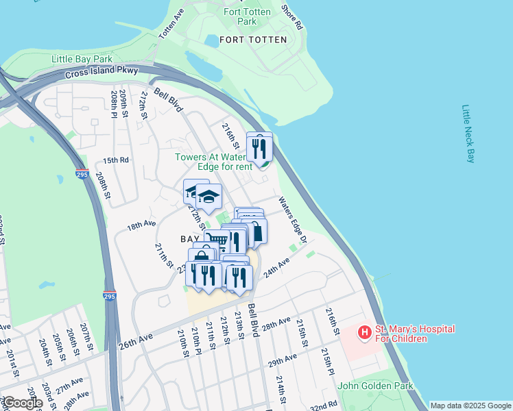 map of restaurants, bars, coffee shops, grocery stores, and more near 18-39 215th Street in Queens