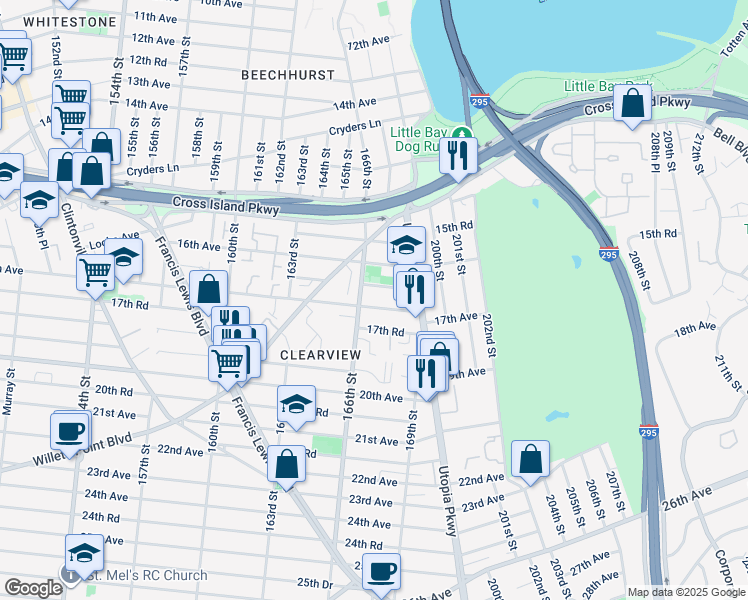 map of restaurants, bars, coffee shops, grocery stores, and more near 16-22 166th Street in Queens