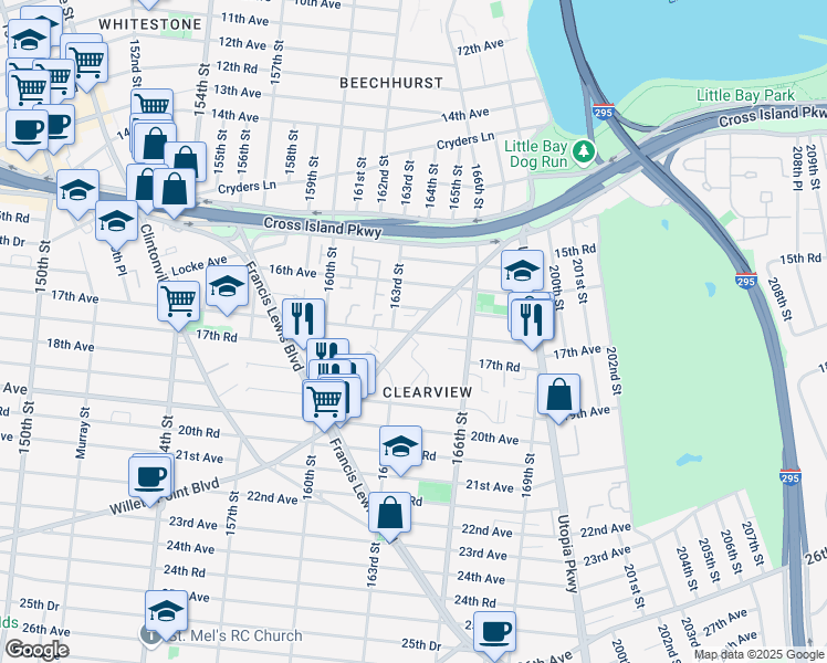 map of restaurants, bars, coffee shops, grocery stores, and more near 16-33 163rd Street in Queens