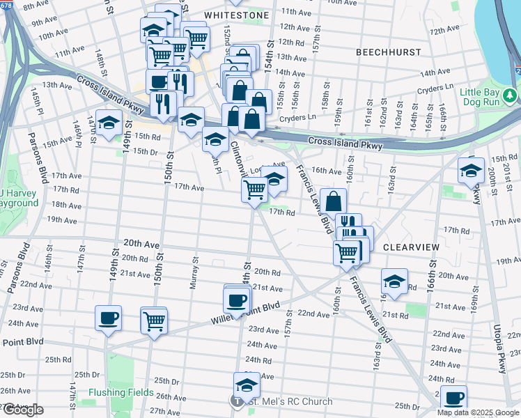 map of restaurants, bars, coffee shops, grocery stores, and more near 16-64 155th Street in Queens