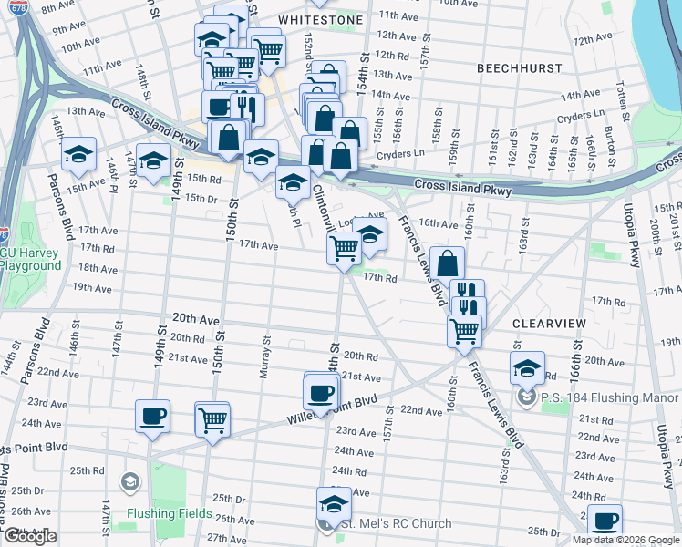 map of restaurants, bars, coffee shops, grocery stores, and more near 17-04 Clintonville Street in Queens