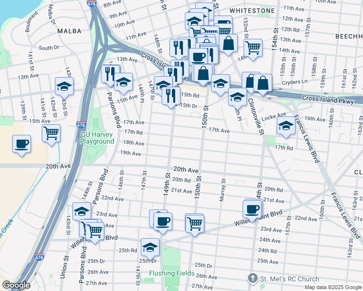 map of restaurants, bars, coffee shops, grocery stores, and more near 1729 149th Street in Queens