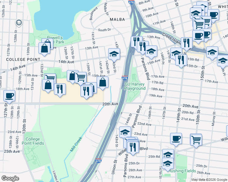 map of restaurants, bars, coffee shops, grocery stores, and more near 1810 Whitestone Expressway in Queens