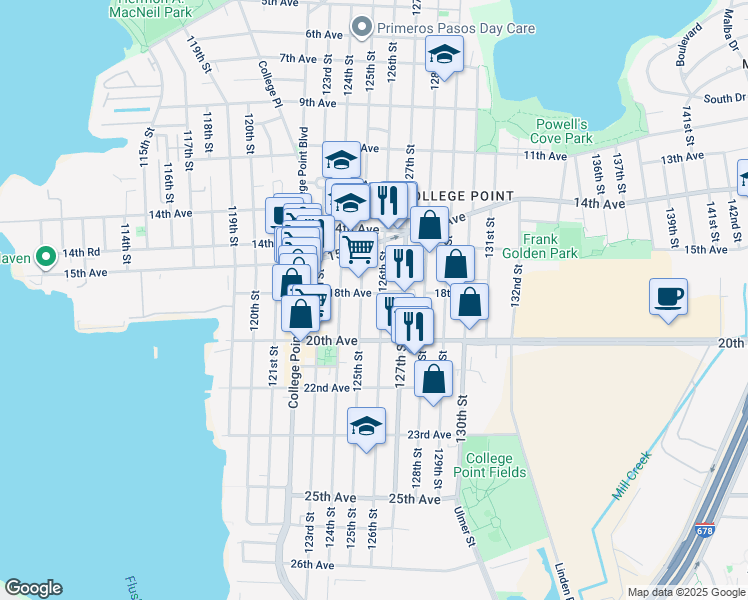 map of restaurants, bars, coffee shops, grocery stores, and more near 126-01 18th Avenue in Queens