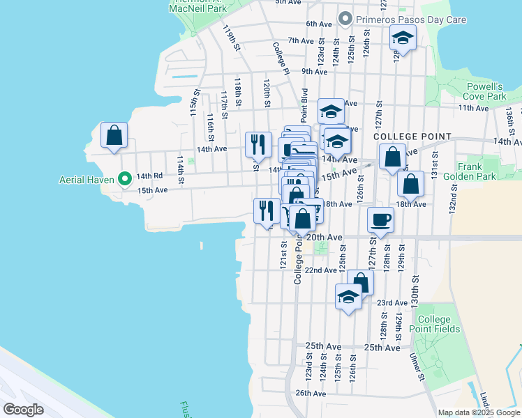 map of restaurants, bars, coffee shops, grocery stores, and more near 15-20 120th Street in Queens