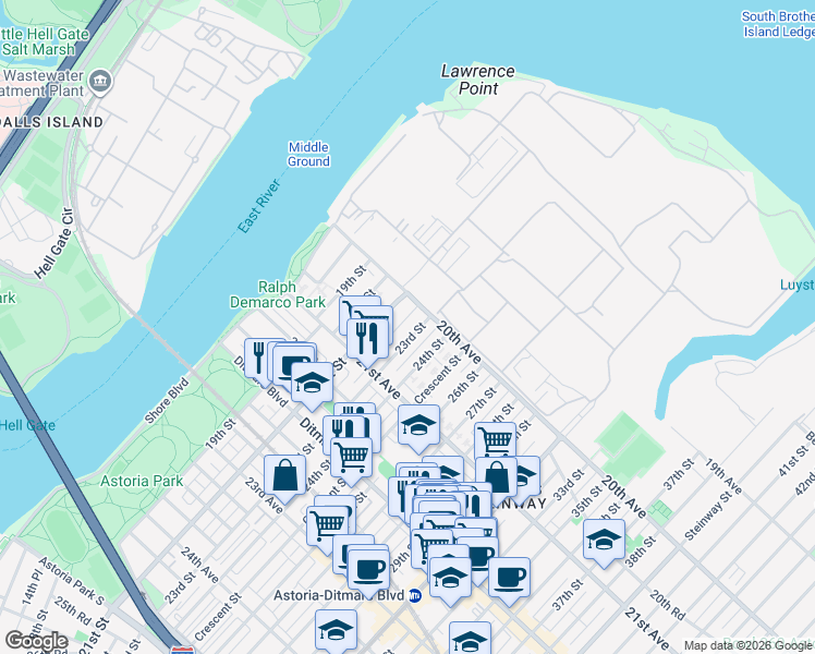 map of restaurants, bars, coffee shops, grocery stores, and more near 20-11 21st Street in Queens