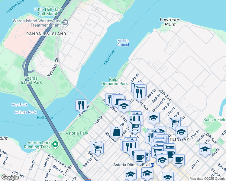 map of restaurants, bars, coffee shops, grocery stores, and more near in Queens