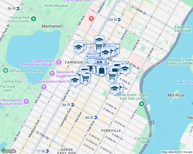map of restaurants, bars, coffee shops, grocery stores, and more near 176 East 93rd Street in New York