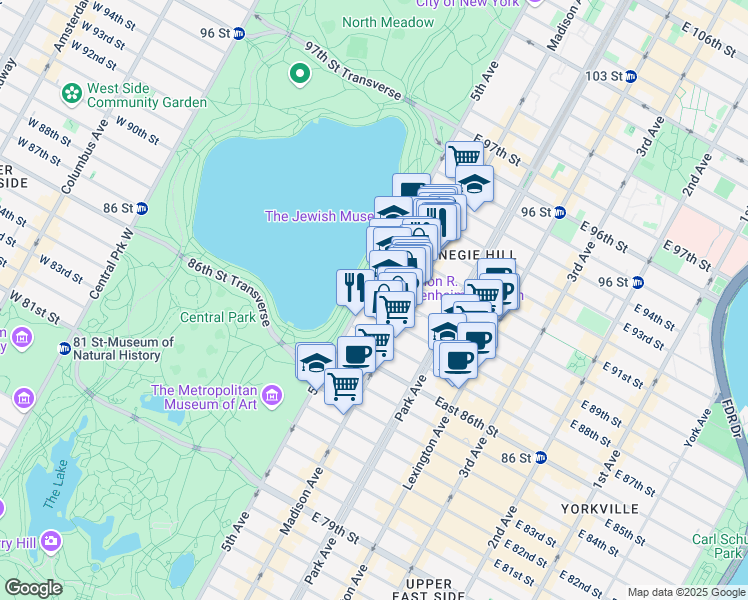 map of restaurants, bars, coffee shops, grocery stores, and more near 4 East 90th Street in New York