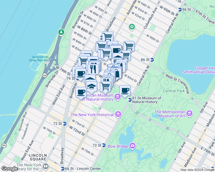 map of restaurants, bars, coffee shops, grocery stores, and more near in New York
