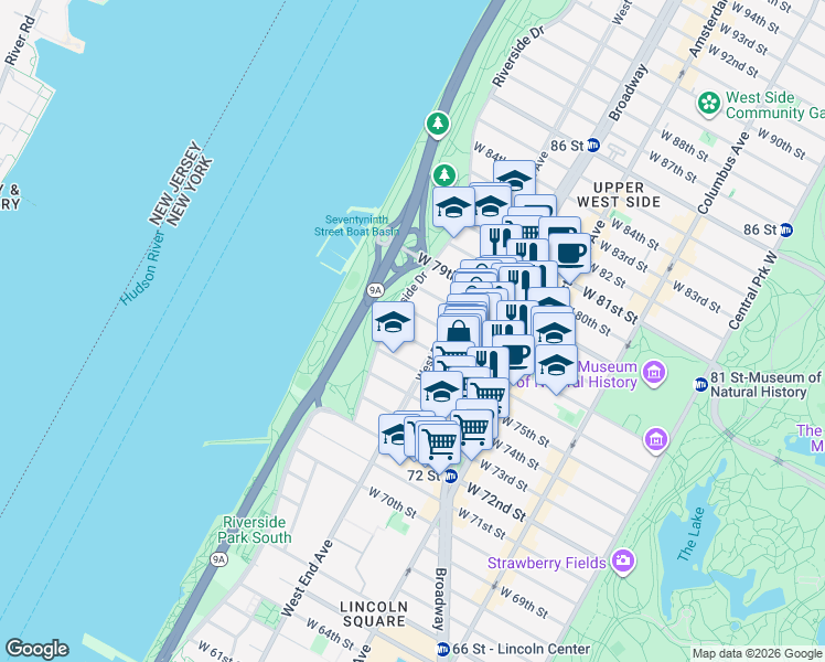 map of restaurants, bars, coffee shops, grocery stores, and more near 321 West 77th Street in New York