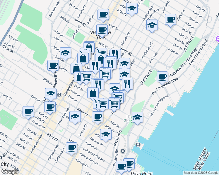 map of restaurants, bars, coffee shops, grocery stores, and more near 234 54th Street in West New York
