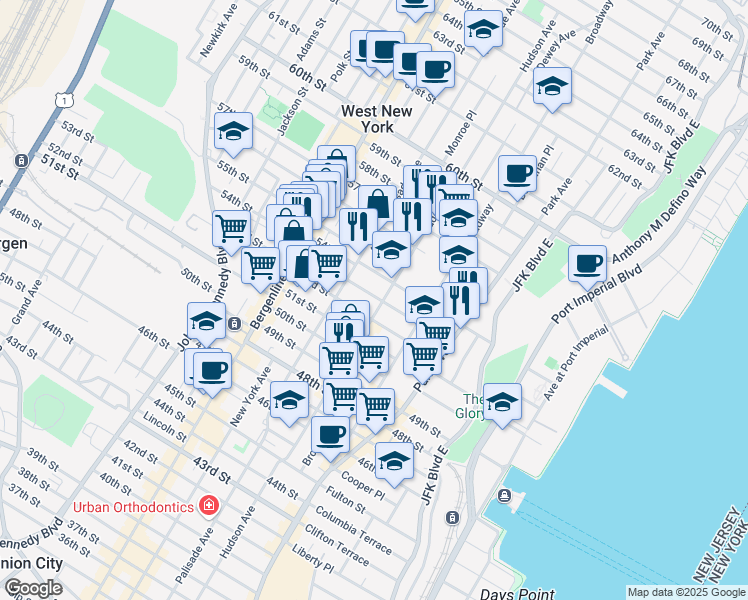 map of restaurants, bars, coffee shops, grocery stores, and more near 5311 Hudson Avenue in West New York