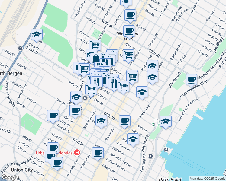 map of restaurants, bars, coffee shops, grocery stores, and more near 425 52nd Street in West New York