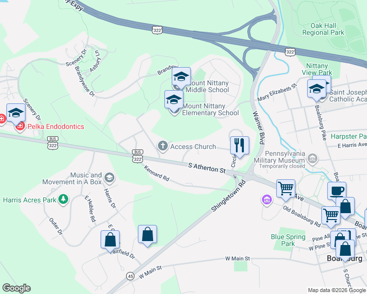 map of restaurants, bars, coffee shops, grocery stores, and more near 500-698 Beaumont Dr in State College
