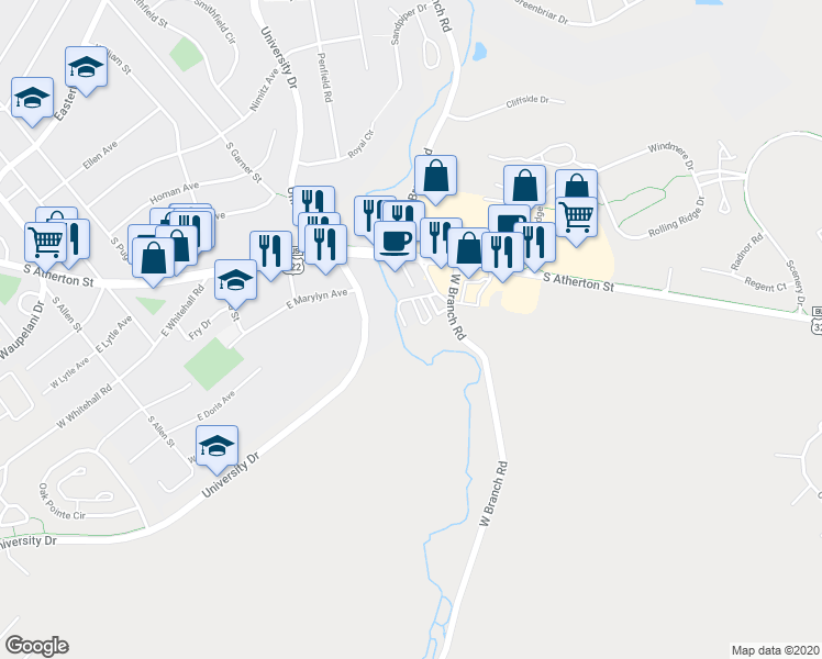 map of restaurants, bars, coffee shops, grocery stores, and more near 93 Suzy Circle in State College