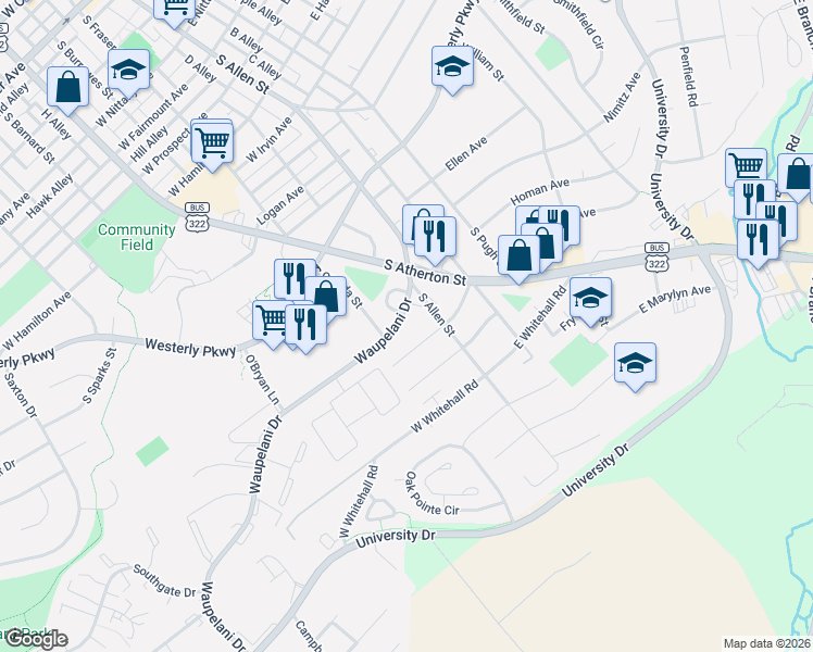 map of restaurants, bars, coffee shops, grocery stores, and more near 1300 South Allen Street in State College