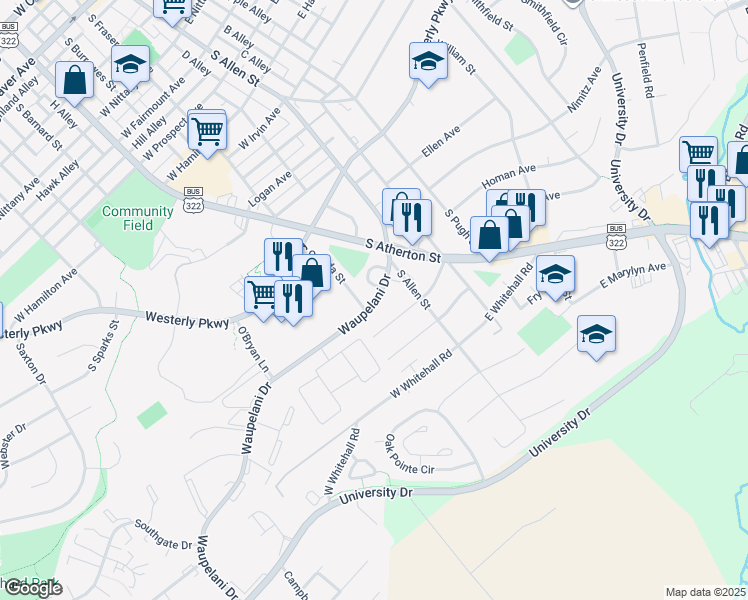 map of restaurants, bars, coffee shops, grocery stores, and more near 1300 South Allen Street in State College