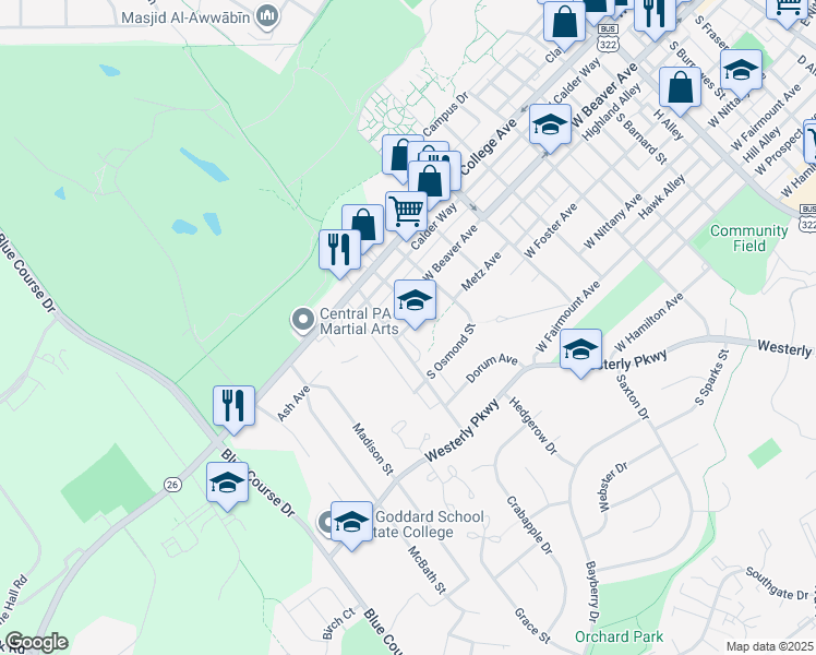 map of restaurants, bars, coffee shops, grocery stores, and more near 1202 West Beaver Avenue in State College