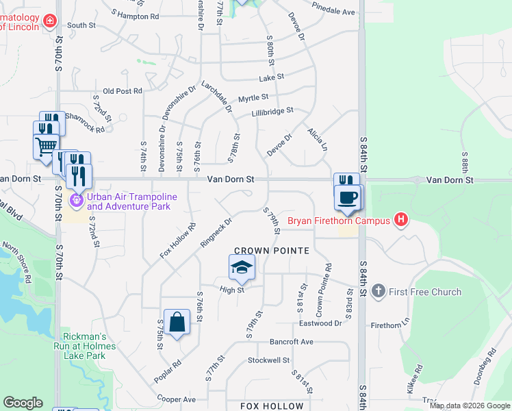 map of restaurants, bars, coffee shops, grocery stores, and more near 2820 South 79th Street in Lincoln