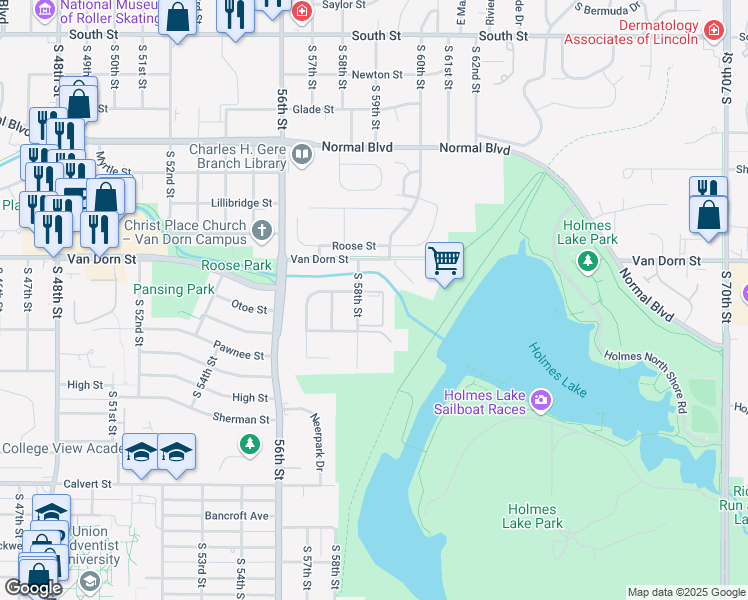 map of restaurants, bars, coffee shops, grocery stores, and more near 5806 Otoe Street in Lincoln