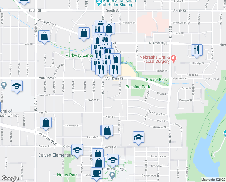 map of restaurants, bars, coffee shops, grocery stores, and more near g48 South 51st Street Court in Lincoln