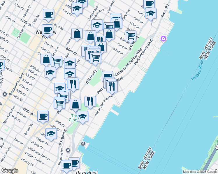 map of restaurants, bars, coffee shops, grocery stores, and more near 60 Riverwalk Place in West New York