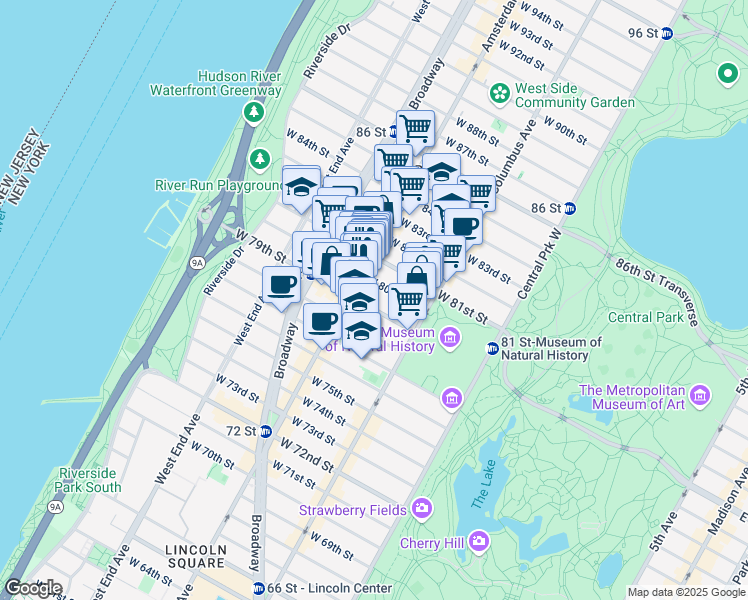 map of restaurants, bars, coffee shops, grocery stores, and more near 157 West 79th Street in New York