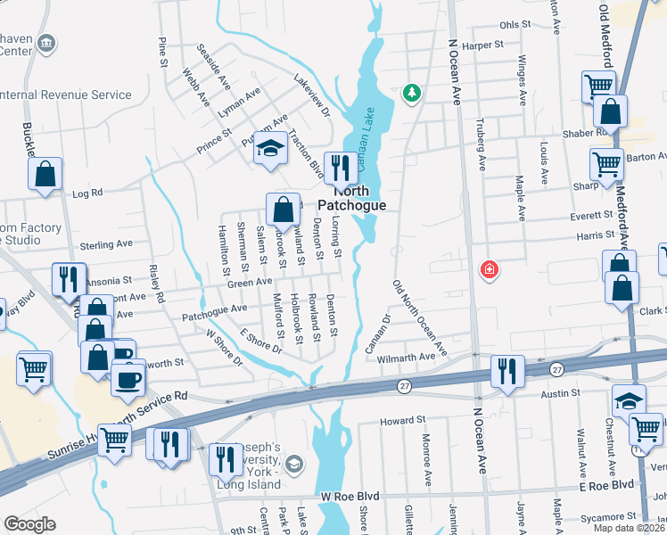 map of restaurants, bars, coffee shops, grocery stores, and more near 55 Denton Street in Patchogue