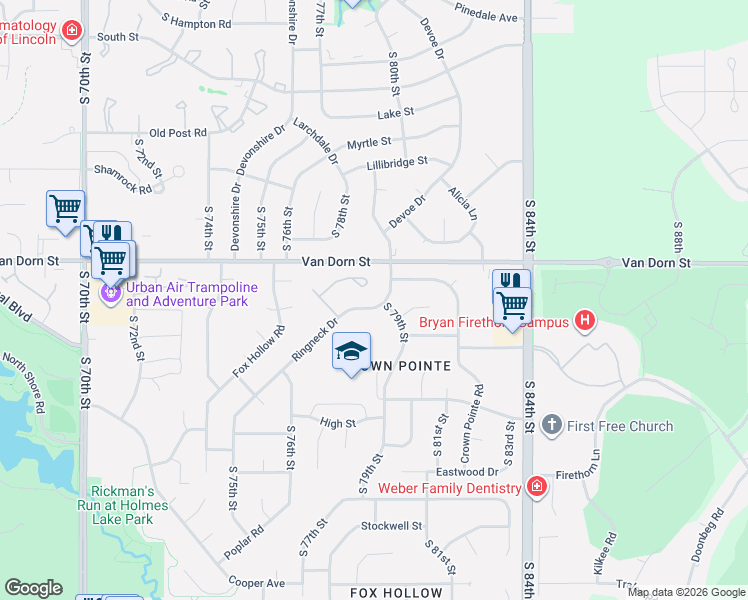 map of restaurants, bars, coffee shops, grocery stores, and more near 2820 South 79th Street in Lincoln