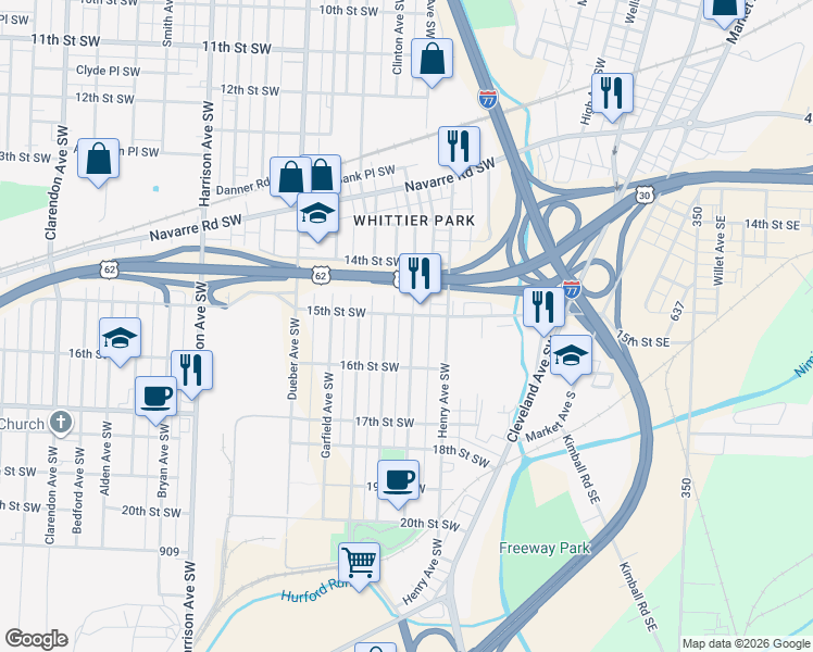 map of restaurants, bars, coffee shops, grocery stores, and more near 1425 15th Street Southwest in Canton