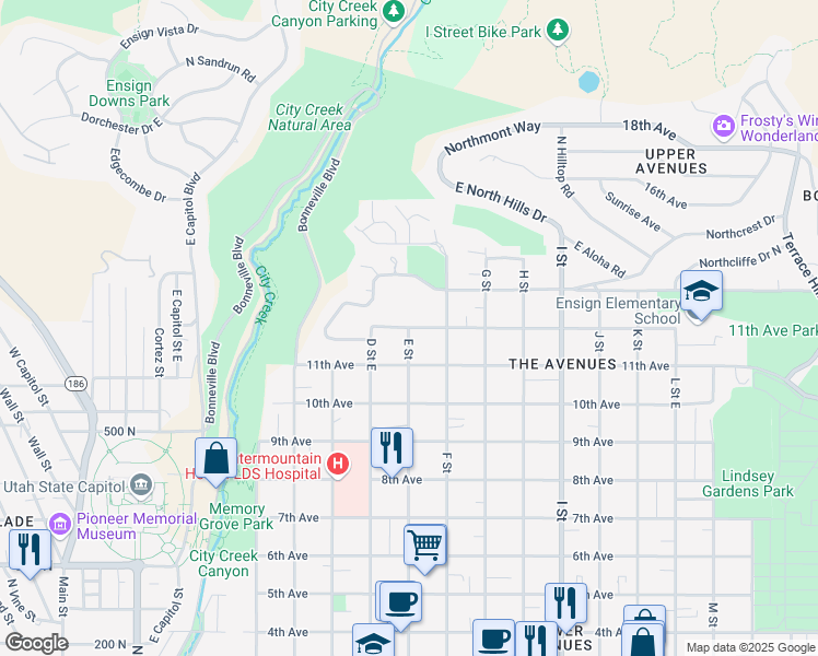map of restaurants, bars, coffee shops, grocery stores, and more near 840 E Street East in Salt Lake City