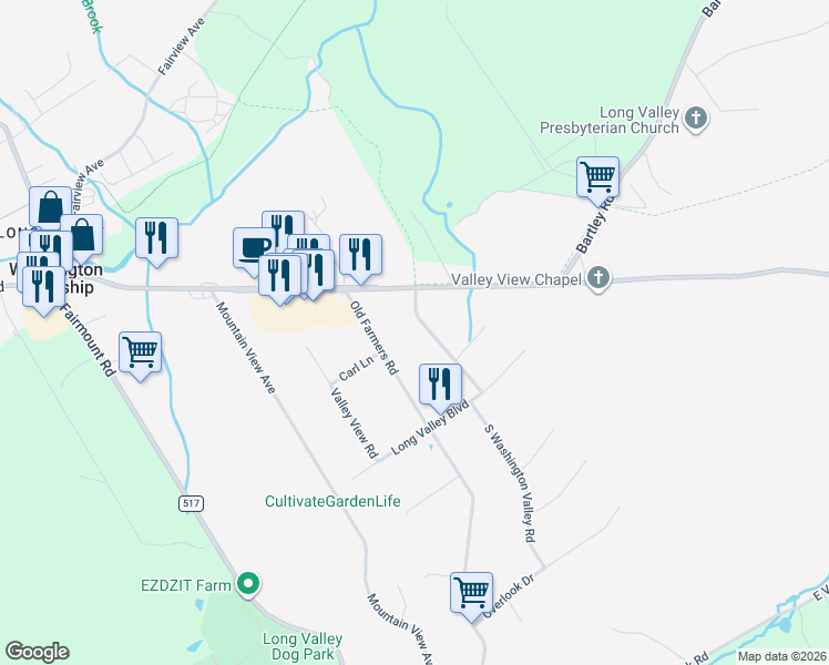 map of restaurants, bars, coffee shops, grocery stores, and more near 3 North Washington Valley Road in Long Valley