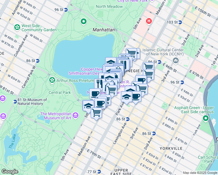 map of restaurants, bars, coffee shops, grocery stores, and more near 8 East 89th Street in New York
