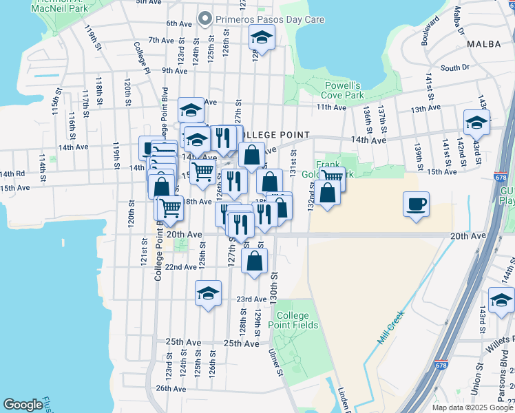 map of restaurants, bars, coffee shops, grocery stores, and more near 15-40A 128th Street in Queens