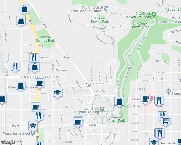 map of restaurants, bars, coffee shops, grocery stores, and more near 619 Columbus Street in Salt Lake City